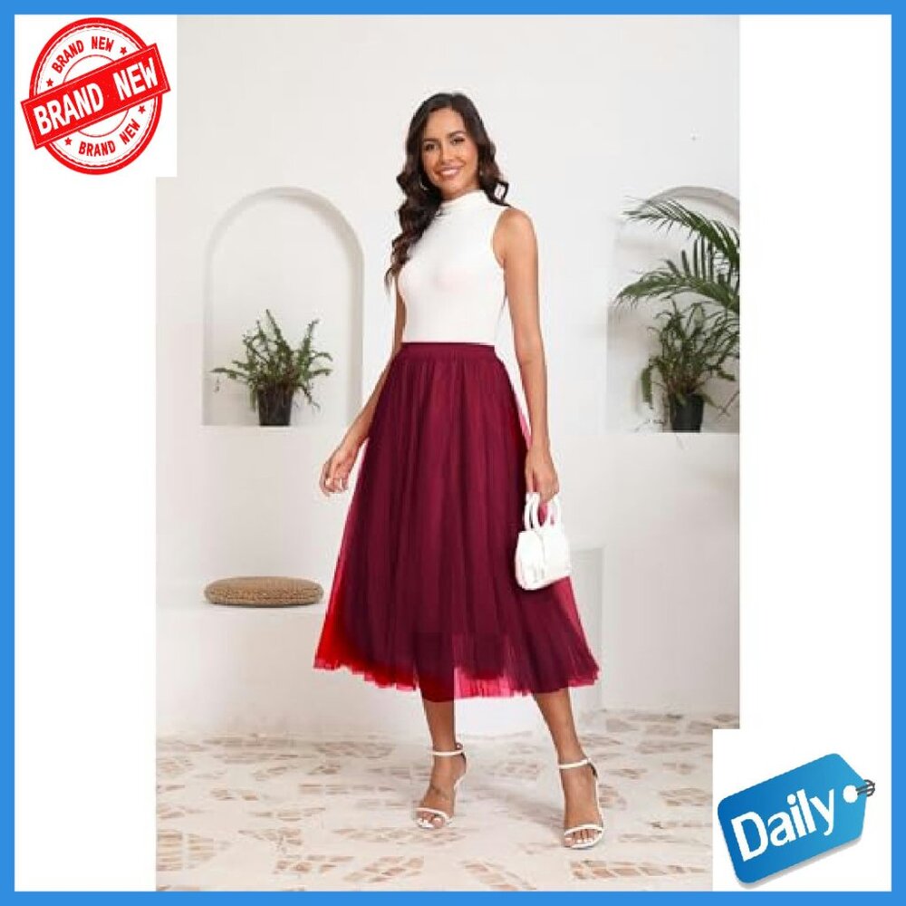 Women's 2-Layer Tulle Midi Skirt Elastic Waist A-Line Work Party - Picture 5 of 8